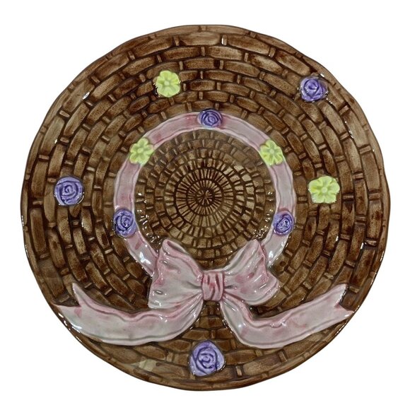 OCI Other - Vintage OCI Bonnet Plate Ceramic Brown Basket-Weave Hat Spring Easter Flowers 8"